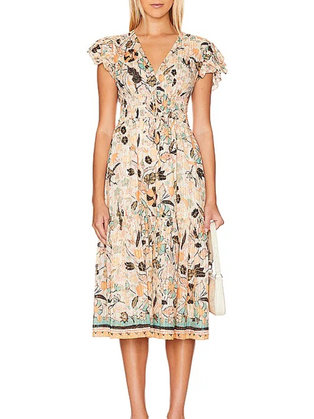 Ulla Johnson Peach Floral V-Neck Midi Dress